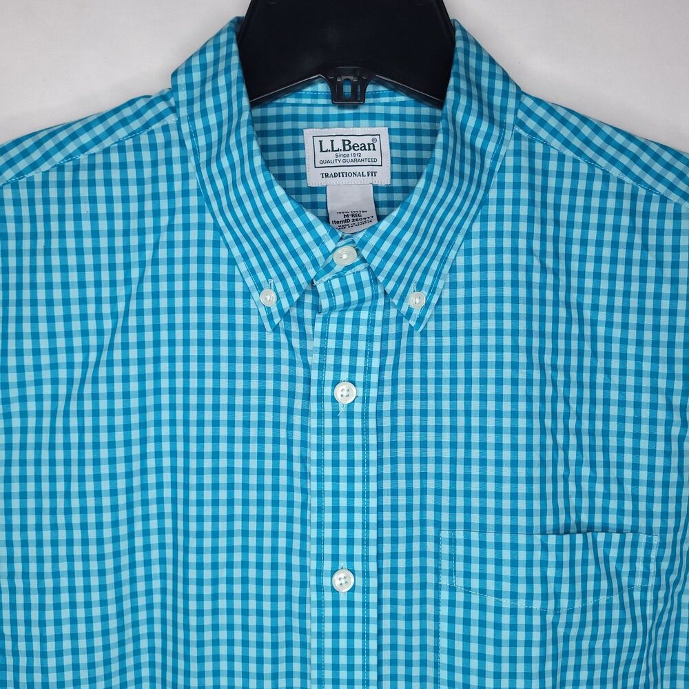 LL Bean Shirt Mens Medium Gingham Teal Traditional Fit 280477